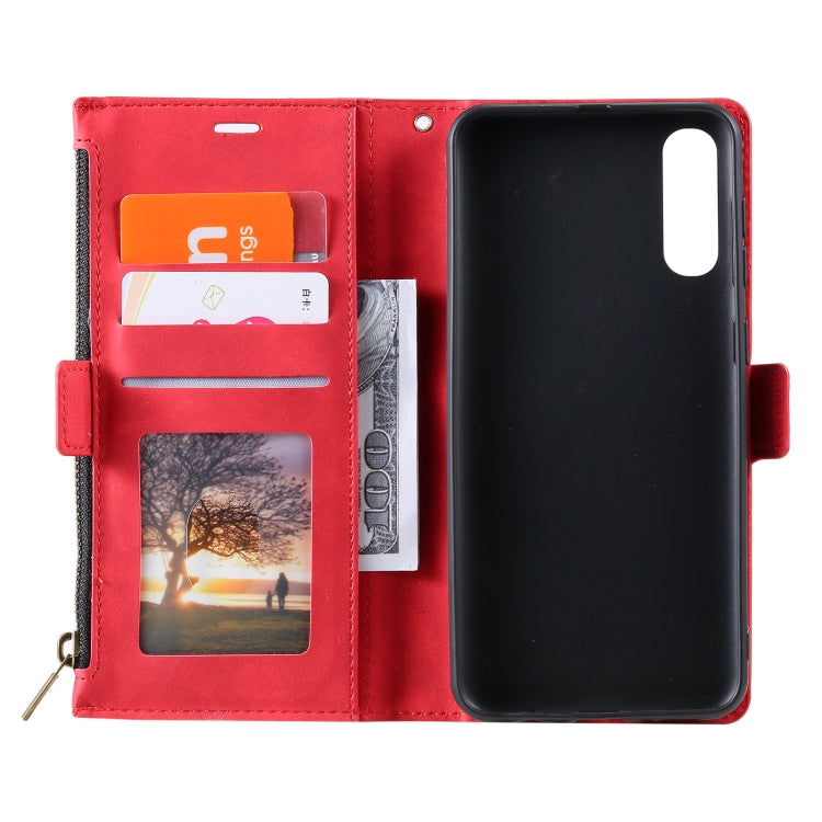 For Samsung Galaxy A50s Side Zipper Back Card Horizontal Flip PU Leather Case with Card Slots & Wallet & Photo Frame & Lanyard
