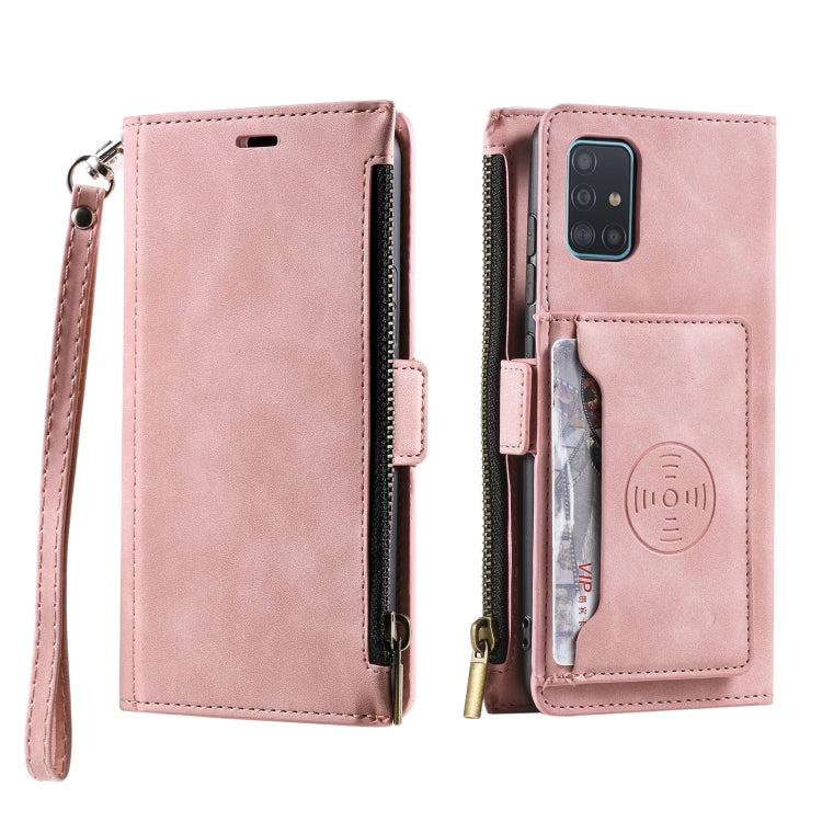 For Samsung Galaxy A51 Side Zipper Back Card Horizontal Flip PU Leather Case with Card Slots & Wallet & Photo Frame & Lanyard