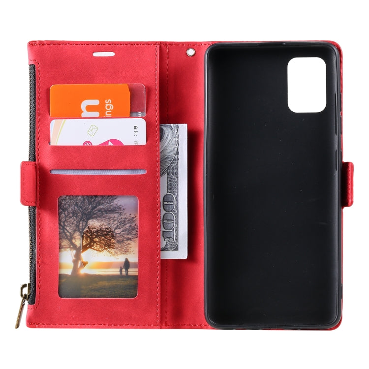 For Samsung Galaxy A51 Side Zipper Back Card Horizontal Flip PU Leather Case with Card Slots & Wallet & Photo Frame & Lanyard