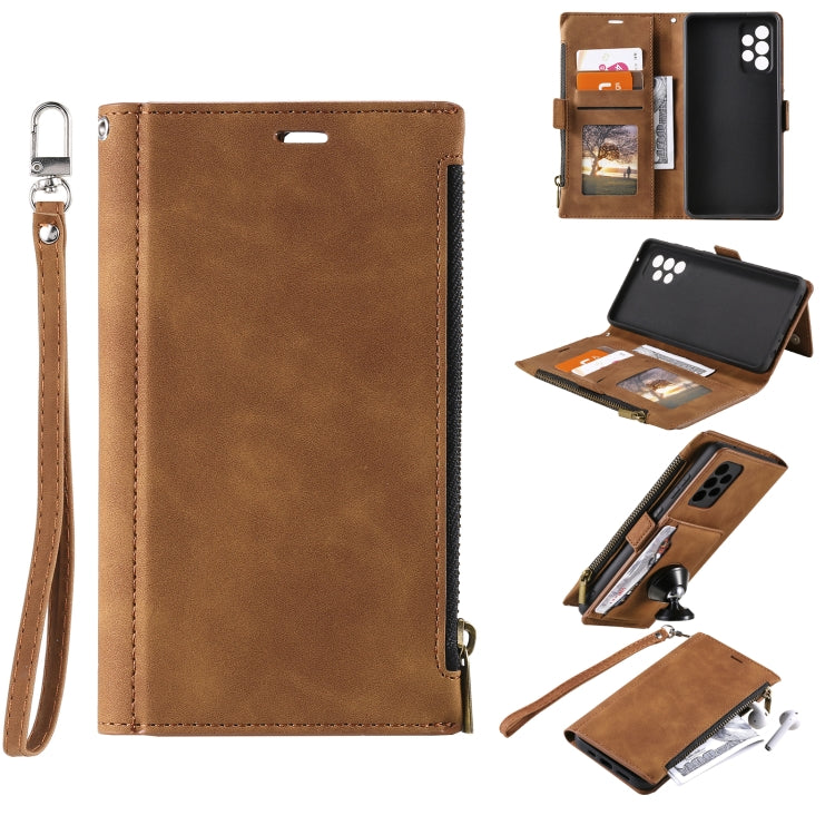 For Samsung Galaxy A52 Side Zipper Back Card Horizontal Flip PU Leather Case with Card Slots & Wallet & Photo Frame & Lanyard