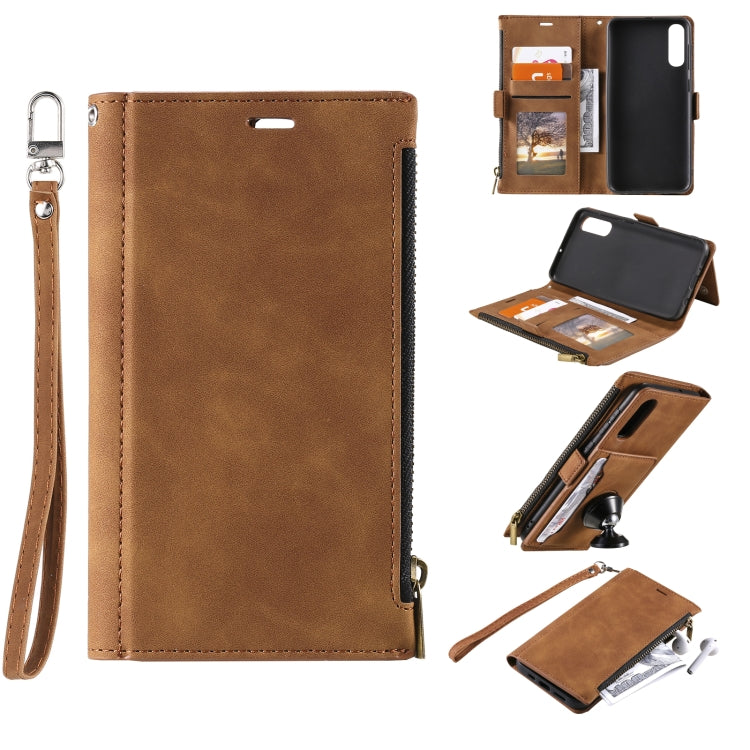 For Samsung Galaxy A70 Side Zipper Back Card Horizontal Flip PU Leather Case with Card Slots & Wallet & Photo Frame & Lanyard
