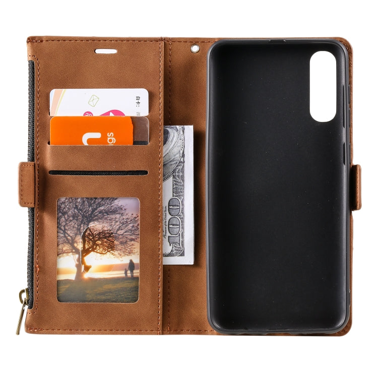 For Samsung Galaxy A70 Side Zipper Back Card Horizontal Flip PU Leather Case with Card Slots & Wallet & Photo Frame & Lanyard