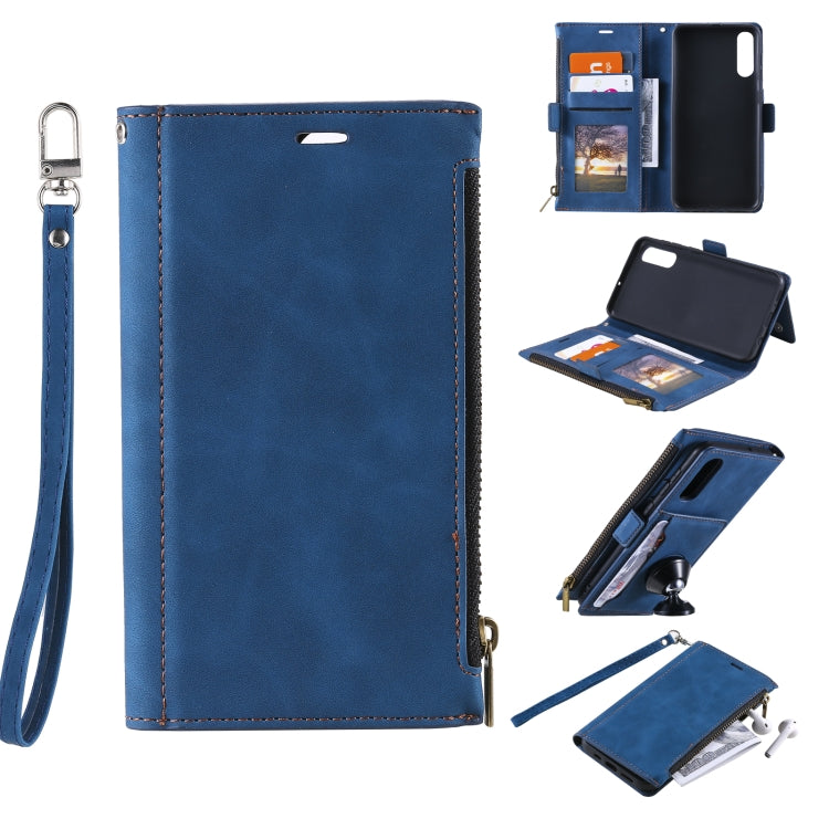 For Samsung Galaxy A70 Side Zipper Back Card Horizontal Flip PU Leather Case with Card Slots & Wallet & Photo Frame & Lanyard