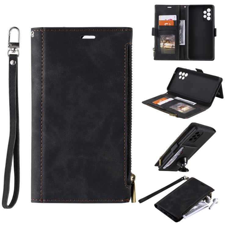 For Samsung Galaxy A72 Side Zipper Back Card Horizontal Flip PU Leather Case with Card Slots & Wallet & Photo Frame & Lanyard