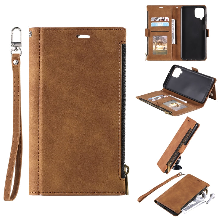 For Samsung Galaxy A12 5G Side Zipper Back Card Horizontal Flip PU Leather Case with Card Slots & Wallet & Photo Frame & Lanyard