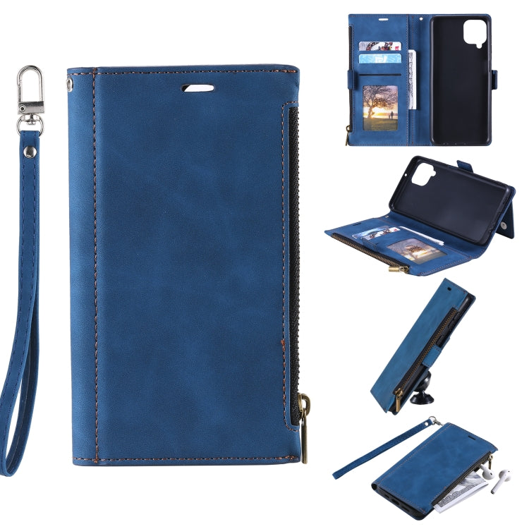 For Samsung Galaxy A12 5G Side Zipper Back Card Horizontal Flip PU Leather Case with Card Slots & Wallet & Photo Frame & Lanyard