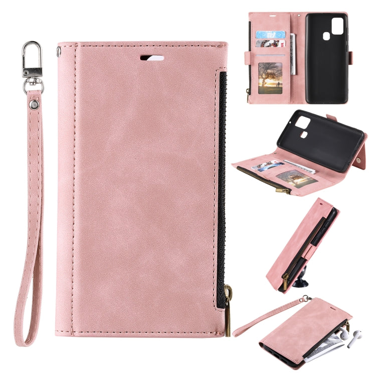For Samsung Galaxy A21s Side Zipper Back Card Horizontal Flip PU Leather Case with Card Slots & Wallet & Photo Frame & Lanyard