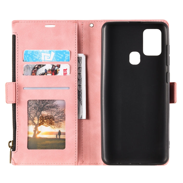 For Samsung Galaxy A21s Side Zipper Back Card Horizontal Flip PU Leather Case with Card Slots & Wallet & Photo Frame & Lanyard