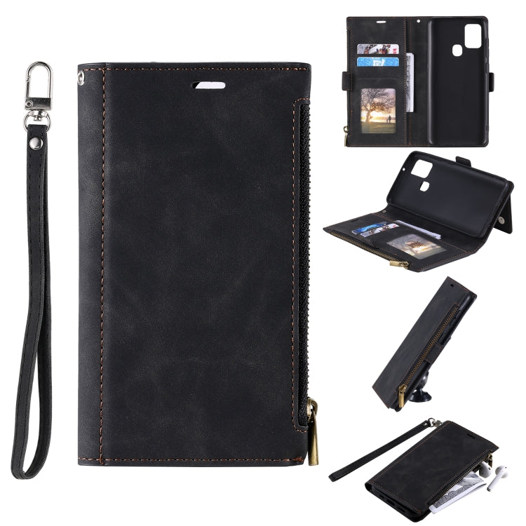 For Samsung Galaxy A21s Side Zipper Back Card Horizontal Flip PU Leather Case with Card Slots & Wallet & Photo Frame & Lanyard