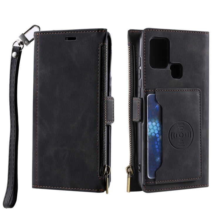 For Samsung Galaxy A21s Side Zipper Back Card Horizontal Flip PU Leather Case with Card Slots & Wallet & Photo Frame & Lanyard