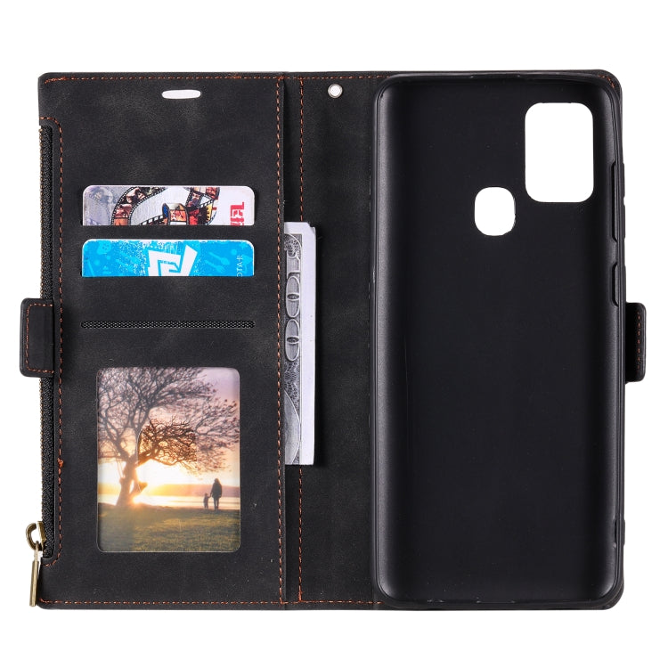 For Samsung Galaxy A21s Side Zipper Back Card Horizontal Flip PU Leather Case with Card Slots & Wallet & Photo Frame & Lanyard