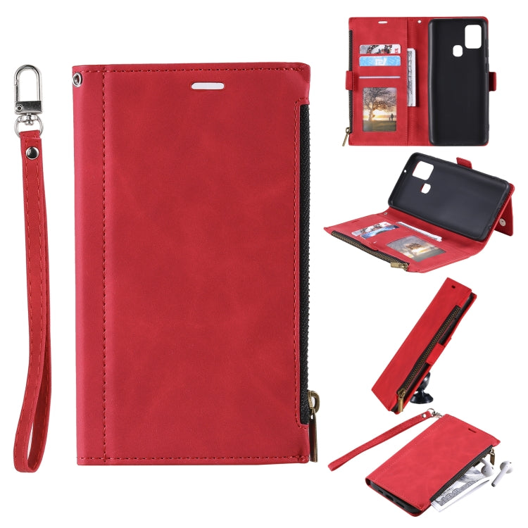 For Samsung Galaxy A21s Side Zipper Back Card Horizontal Flip PU Leather Case with Card Slots & Wallet & Photo Frame & Lanyard