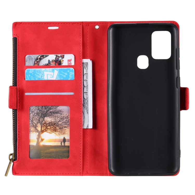 For Samsung Galaxy A21s Side Zipper Back Card Horizontal Flip PU Leather Case with Card Slots & Wallet & Photo Frame & Lanyard
