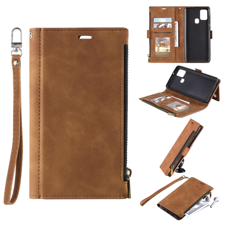 For Samsung Galaxy A21s Side Zipper Back Card Horizontal Flip PU Leather Case with Card Slots & Wallet & Photo Frame & Lanyard