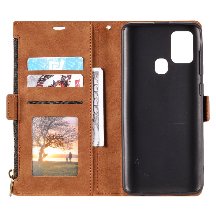 For Samsung Galaxy A21s Side Zipper Back Card Horizontal Flip PU Leather Case with Card Slots & Wallet & Photo Frame & Lanyard