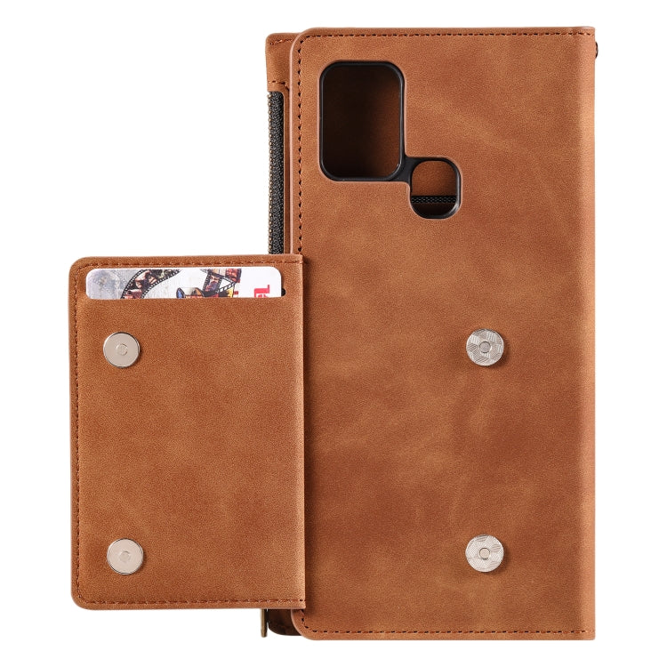 For Samsung Galaxy A21s Side Zipper Back Card Horizontal Flip PU Leather Case with Card Slots & Wallet & Photo Frame & Lanyard