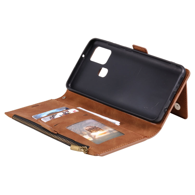 For Samsung Galaxy A21s Side Zipper Back Card Horizontal Flip PU Leather Case with Card Slots & Wallet & Photo Frame & Lanyard