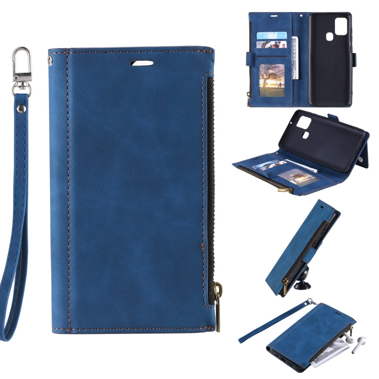 For Samsung Galaxy A21s Side Zipper Back Card Horizontal Flip PU Leather Case with Card Slots & Wallet & Photo Frame & Lanyard