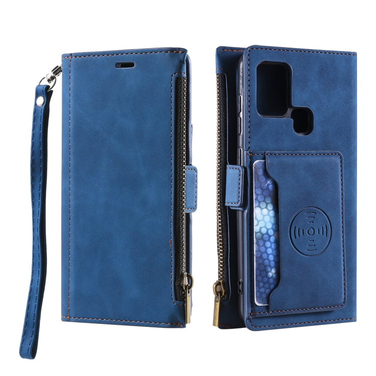 For Samsung Galaxy A21s Side Zipper Back Card Horizontal Flip PU Leather Case with Card Slots & Wallet & Photo Frame & Lanyard