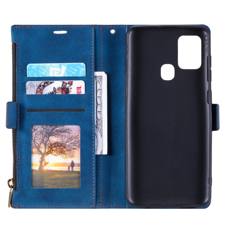 For Samsung Galaxy A21s Side Zipper Back Card Horizontal Flip PU Leather Case with Card Slots & Wallet & Photo Frame & Lanyard