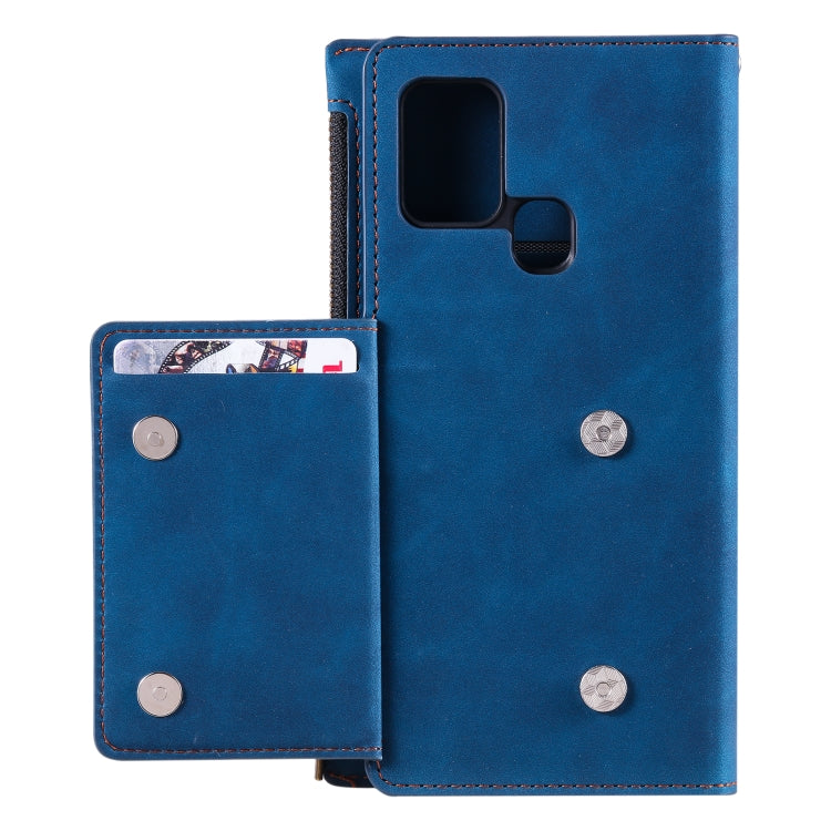 For Samsung Galaxy A21s Side Zipper Back Card Horizontal Flip PU Leather Case with Card Slots & Wallet & Photo Frame & Lanyard