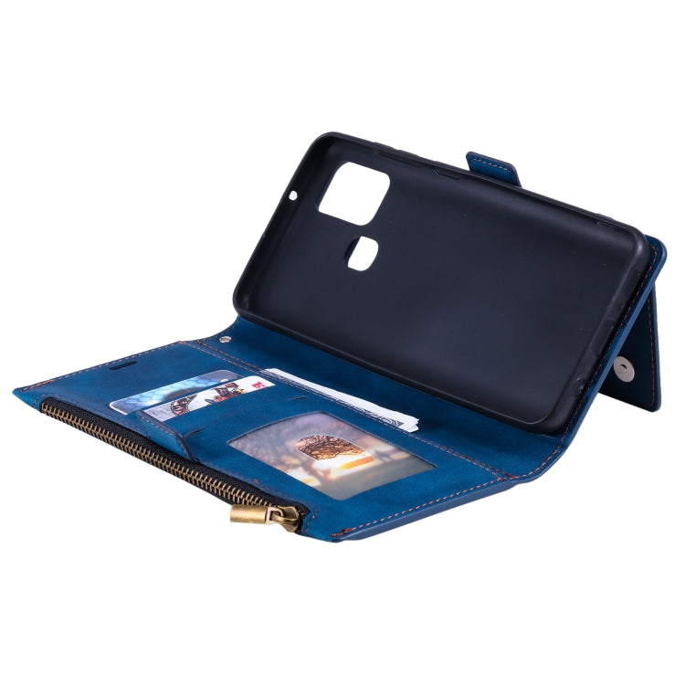 For Samsung Galaxy A21s Side Zipper Back Card Horizontal Flip PU Leather Case with Card Slots & Wallet & Photo Frame & Lanyard