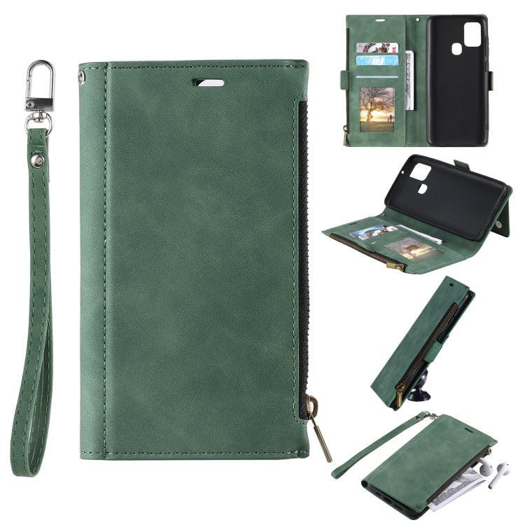 For Samsung Galaxy A21s Side Zipper Back Card Horizontal Flip PU Leather Case with Card Slots & Wallet & Photo Frame & Lanyard