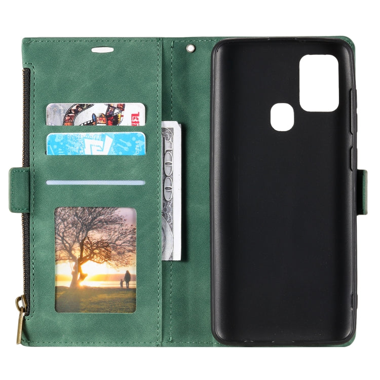 For Samsung Galaxy A21s Side Zipper Back Card Horizontal Flip PU Leather Case with Card Slots & Wallet & Photo Frame & Lanyard