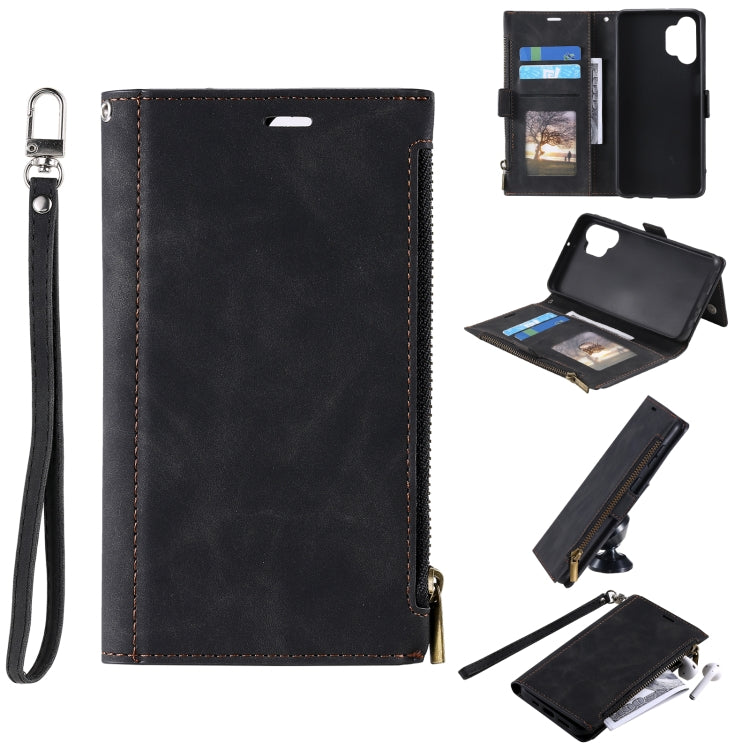 For Samsung Galaxy A32 5G Side Zipper Back Card Horizontal Flip PU Leather Case with Card Slots & Wallet & Photo Frame & Lanyard