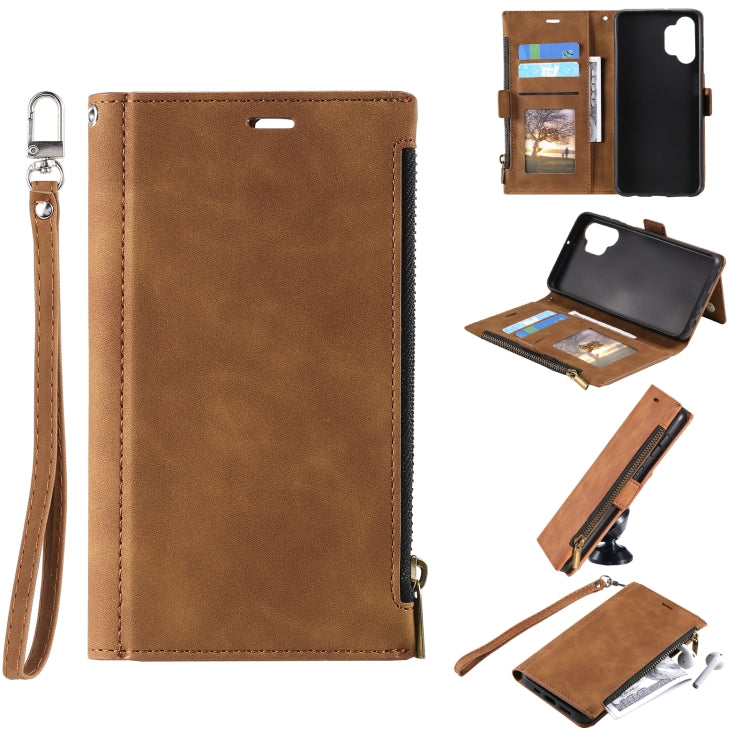For Samsung Galaxy A32 5G Side Zipper Back Card Horizontal Flip PU Leather Case with Card Slots & Wallet & Photo Frame & Lanyard