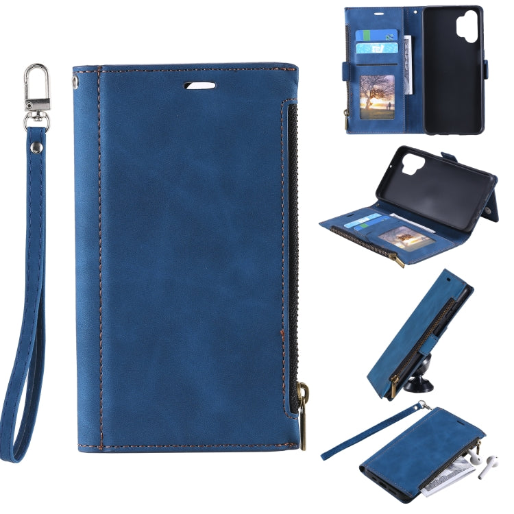 For Samsung Galaxy A32 5G Side Zipper Back Card Horizontal Flip PU Leather Case with Card Slots & Wallet & Photo Frame & Lanyard