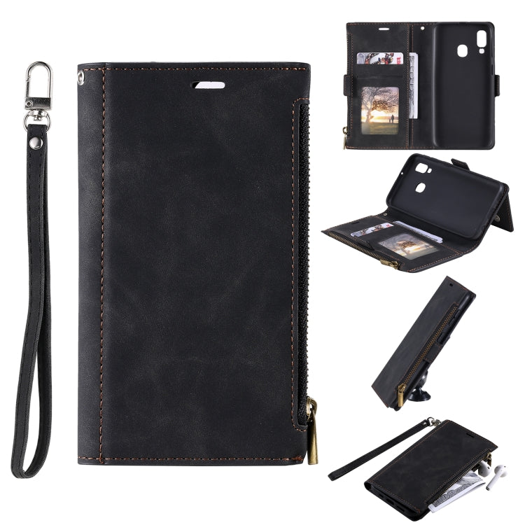 For Samsung Galaxy A40 Side Zipper Back Card Horizontal Flip PU Leather Case with Card Slots & Wallet & Photo Frame & Lanyard