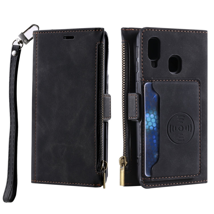 For Samsung Galaxy A40 Side Zipper Back Card Horizontal Flip PU Leather Case with Card Slots & Wallet & Photo Frame & Lanyard