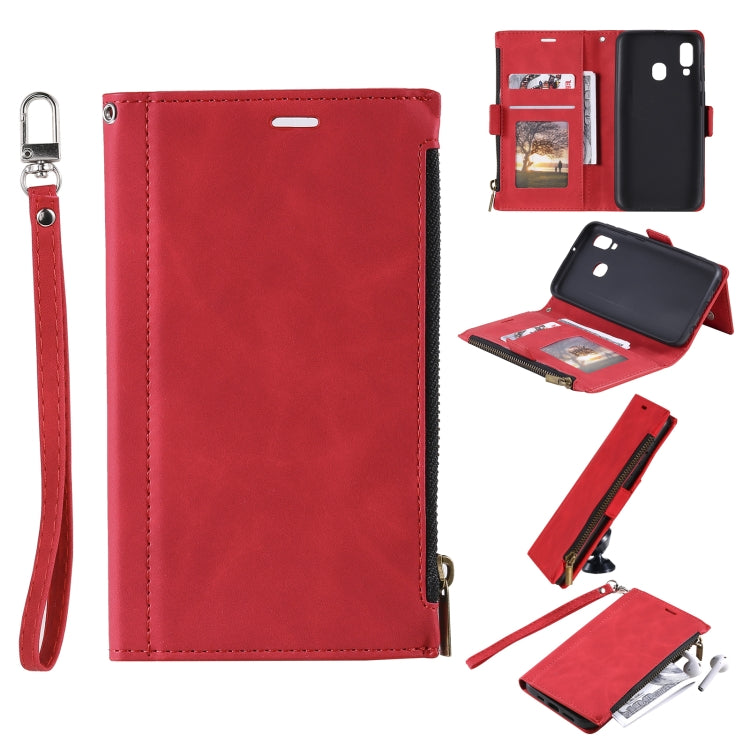 For Samsung Galaxy A40 Side Zipper Back Card Horizontal Flip PU Leather Case with Card Slots & Wallet & Photo Frame & Lanyard