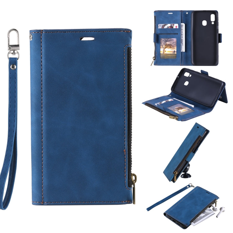 For Samsung Galaxy A40 Side Zipper Back Card Horizontal Flip PU Leather Case with Card Slots & Wallet & Photo Frame & Lanyard