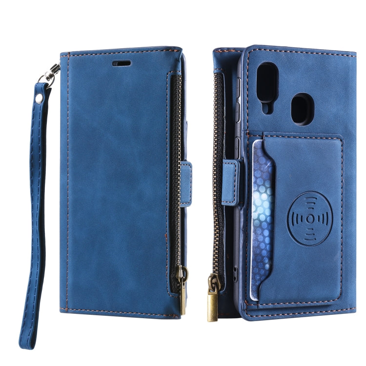 For Samsung Galaxy A40 Side Zipper Back Card Horizontal Flip PU Leather Case with Card Slots & Wallet & Photo Frame & Lanyard