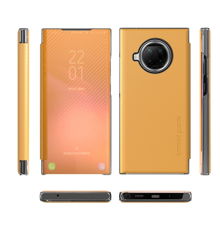 For Xiaomi Redmi Note 9 Pro Carbon Fiber Texture View Time Horizontal Flip Leather Case with Holder & Touch Call Display ID