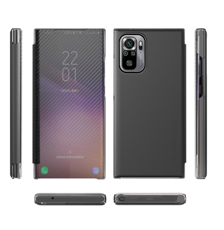 For Xiaomi Redmi Note 10 4G Carbon Fiber Texture View Time Horizontal Flip Leather Case with Holder & Touch Call Display ID