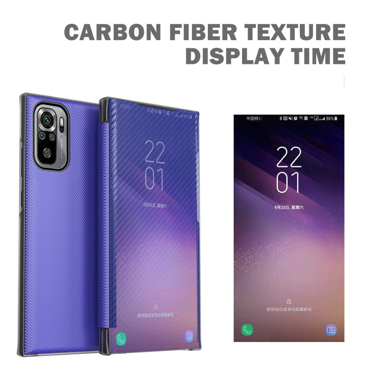 For Xiaomi Redmi Note 10 4G Carbon Fiber Texture View Time Horizontal Flip Leather Case with Holder & Touch Call Display ID