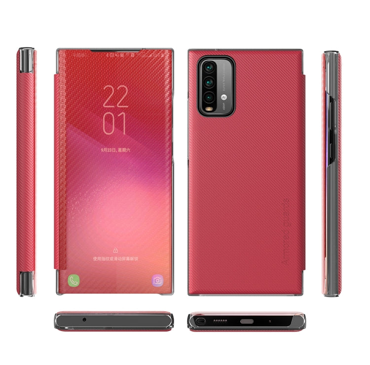 For Xiaomi Poco M3 Carbon Fiber Texture View Time Horizontal Flip Leather Case with Holder & Touch Call Display ID