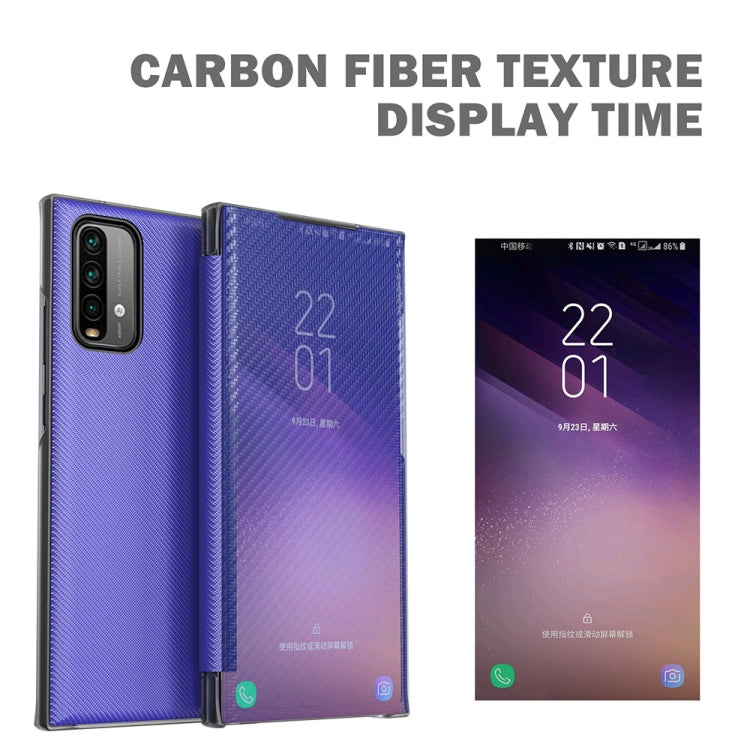 For Xiaomi Poco M3 Carbon Fiber Texture View Time Horizontal Flip Leather Case with Holder & Touch Call Display ID