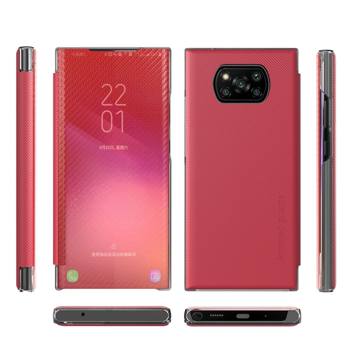 For Xiaomi Poco X3 Carbon Fiber Texture View Time Horizontal Flip Leather Case with Holder & Touch Call Display ID