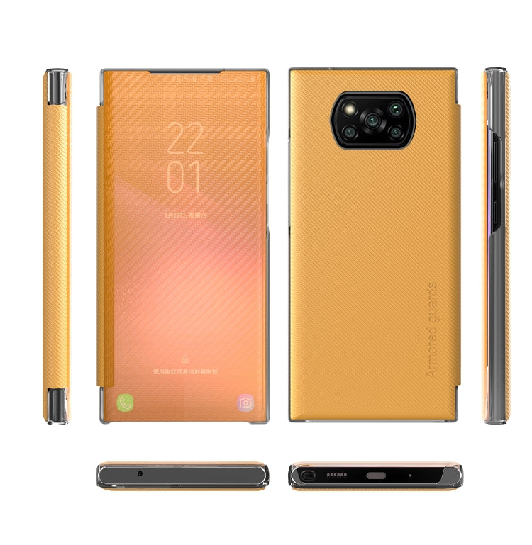 For Xiaomi Poco X3 Carbon Fiber Texture View Time Horizontal Flip Leather Case with Holder & Touch Call Display ID