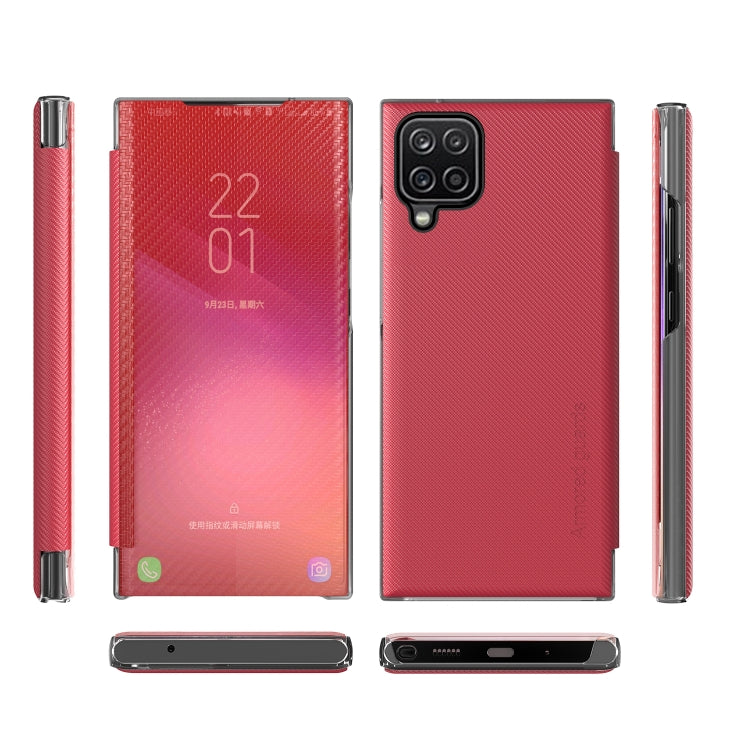 For Samsung Galaxy A12 Carbon Fiber Texture View Time Horizontal Flip Leather Case with Holder & Touch Call Display ID