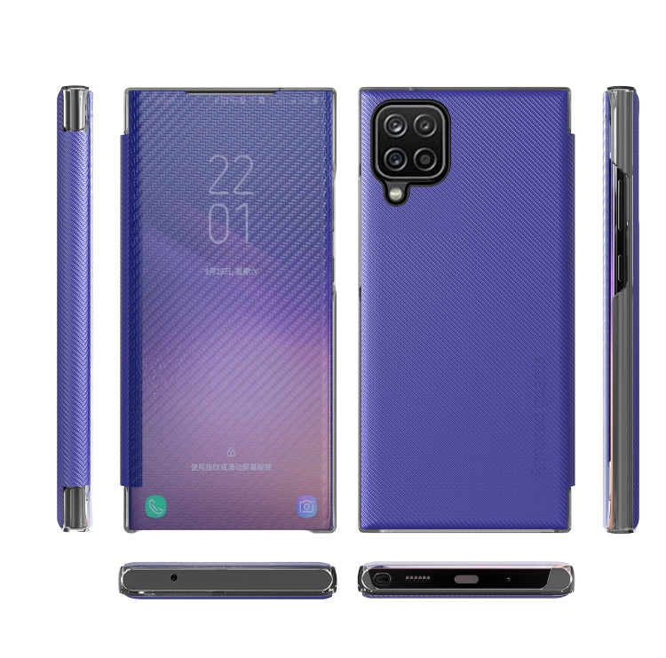 For Samsung Galaxy A12 Carbon Fiber Texture View Time Horizontal Flip Leather Case with Holder & Touch Call Display ID