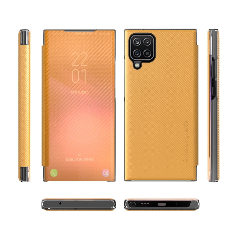 For Samsung Galaxy A12 Carbon Fiber Texture View Time Horizontal Flip Leather Case with Holder & Touch Call Display ID