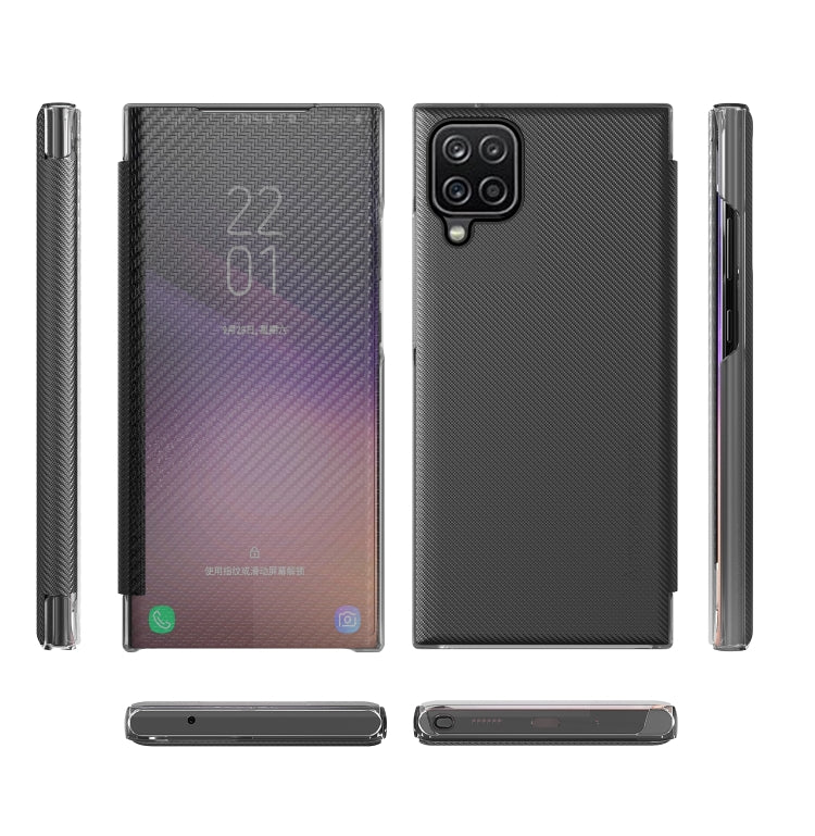 For Samsung Galaxy A12 Carbon Fiber Texture View Time Horizontal Flip Leather Case with Holder & Touch Call Display ID