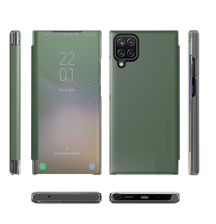 For Samsung Galaxy A12 Carbon Fiber Texture View Time Horizontal Flip Leather Case with Holder & Touch Call Display ID