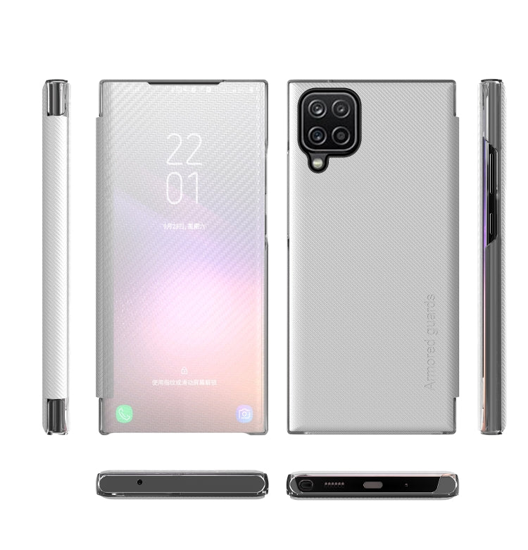 For Samsung Galaxy A12 Carbon Fiber Texture View Time Horizontal Flip Leather Case with Holder & Touch Call Display ID