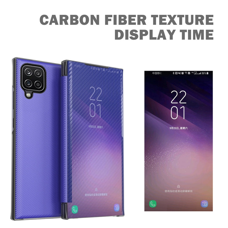For Samsung Galaxy A12 Carbon Fiber Texture View Time Horizontal Flip Leather Case with Holder & Touch Call Display ID
